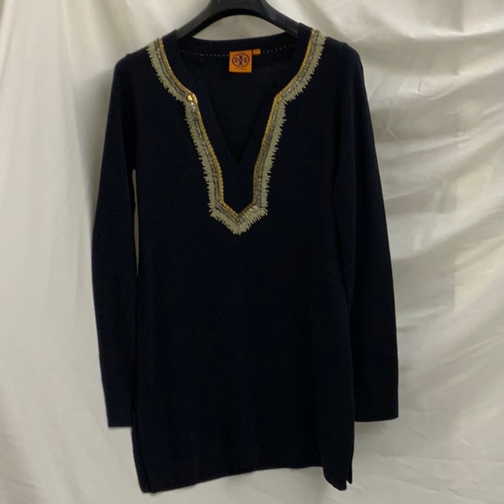 Tory Burch Tunic Sweater With Beaded Trim Around the Neck and Deep V-neck Front